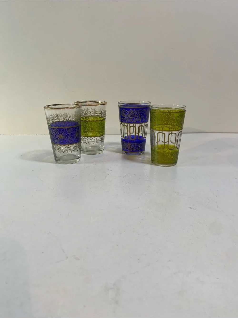 Set Of 4 Moroccan Royal Blue & Green Bar Glasses Gold Moorish Arabesque Design